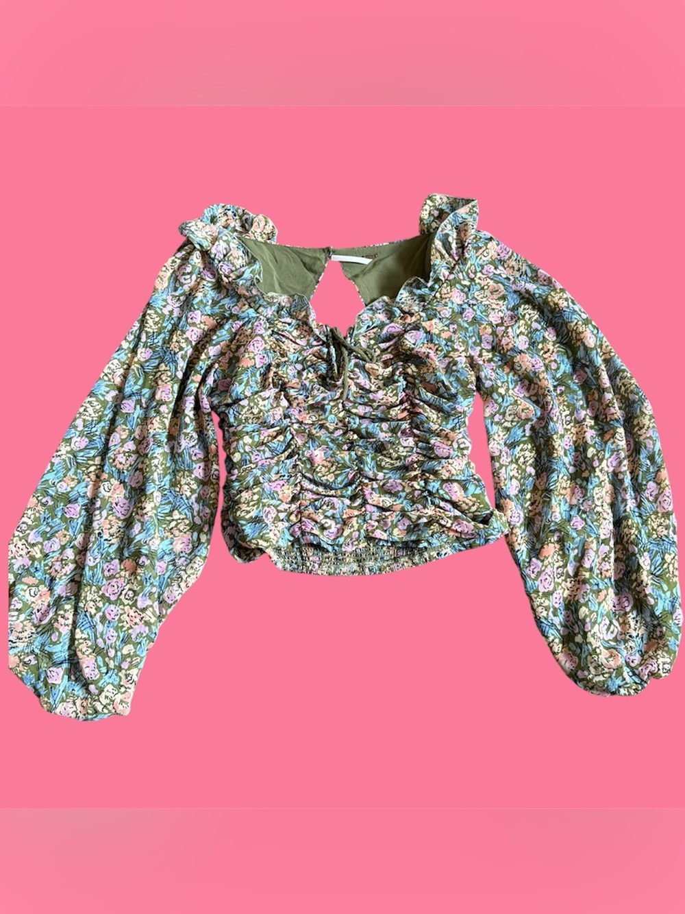Free People Olive Green Floral Ruched Puff Sleeve Top